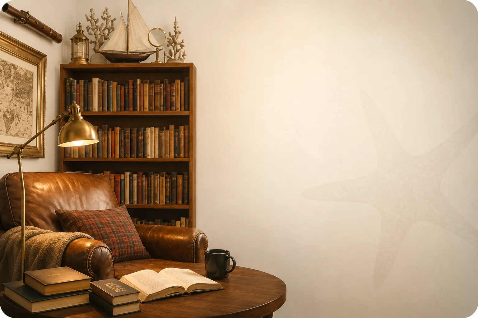 A cosy reading nook — leather armchair, bookshelf and an open book by lamplight