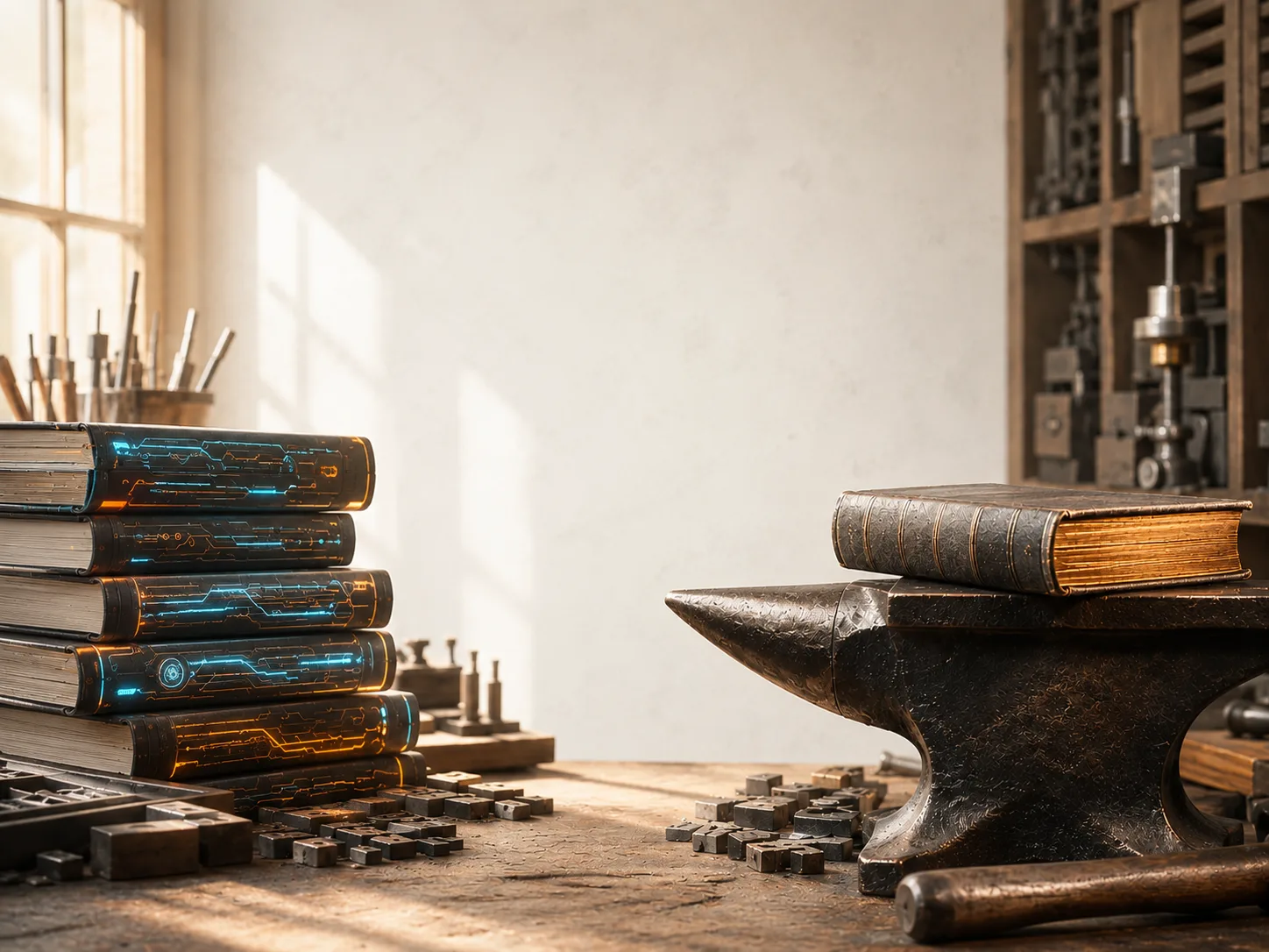 The two Konsensus imprints — futuristic books beside a classic on an anvil