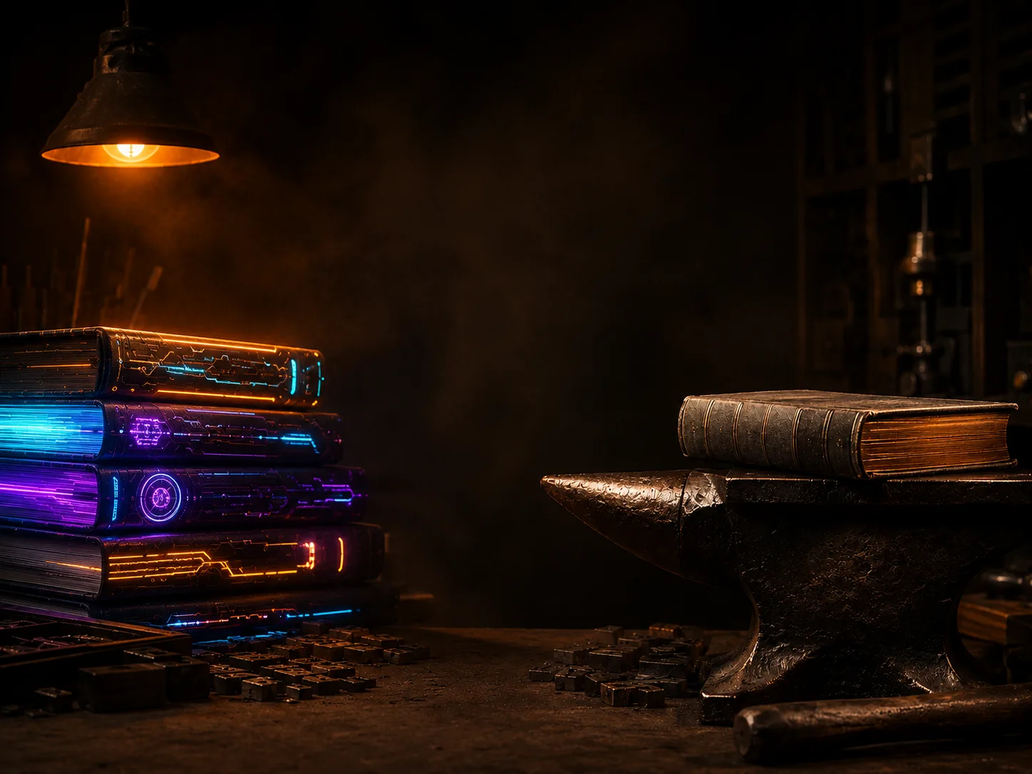 The two Konsensus imprints — futuristic books beside a classic on an anvil