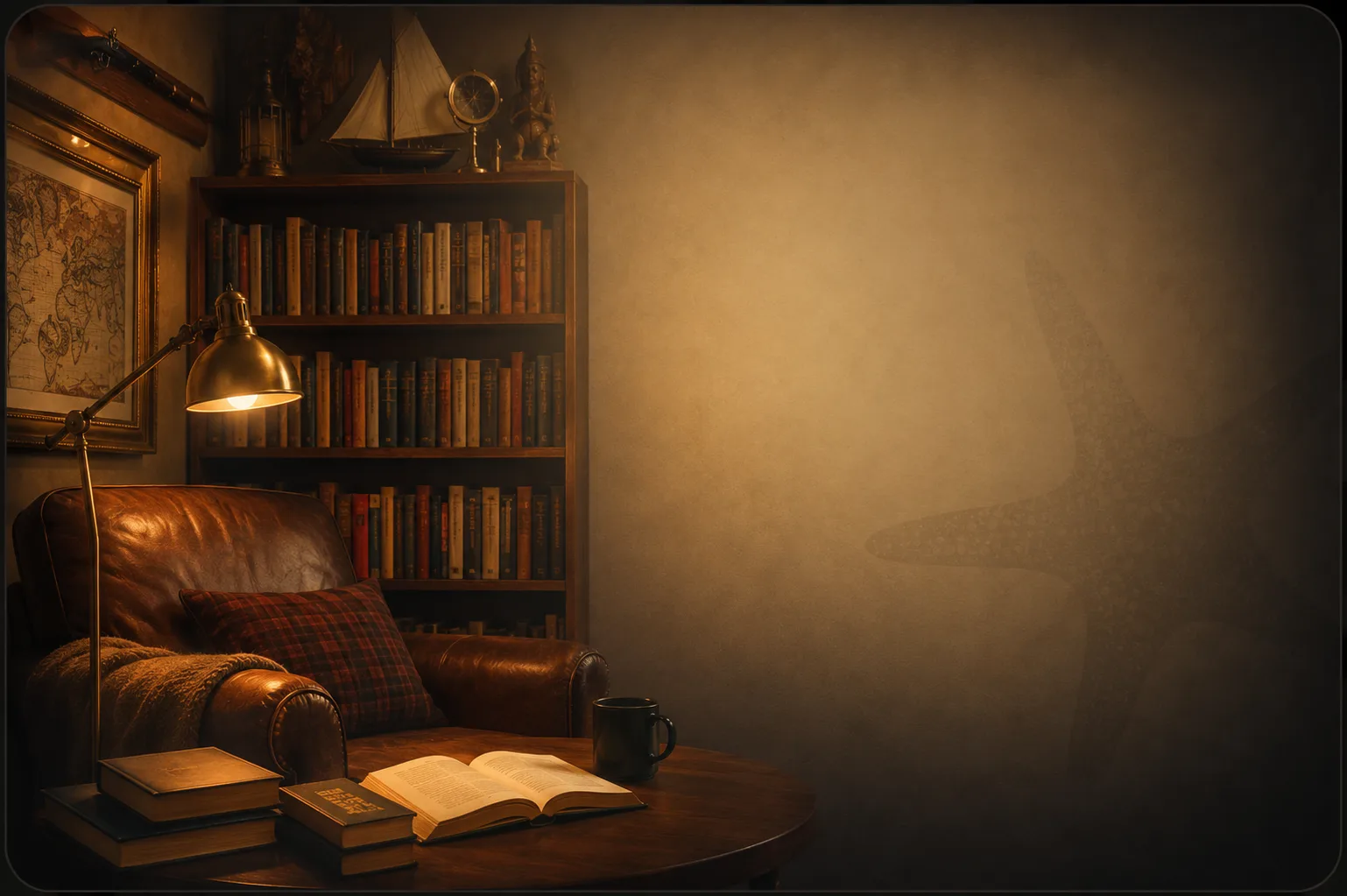 A cosy reading nook — leather armchair, bookshelf and an open book by lamplight
