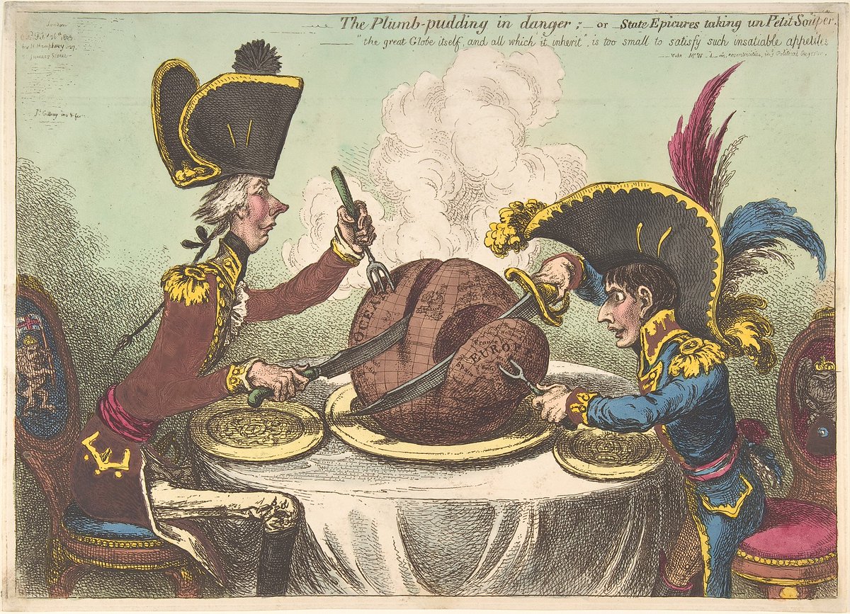 James Gillray, “The Plumb-pudding in Danger” (1805). The great Globe itself is too small to sate such appetites.