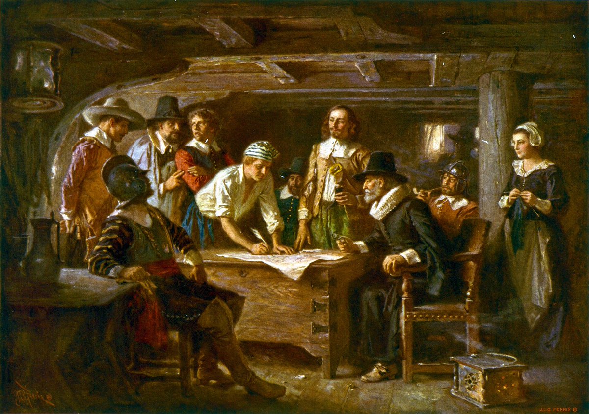 Jean Leon Gerome Ferris, “The Mayflower Compact”. Before going ashore, the colonists sign the covenant that will govern them: the rules first, the soil second.