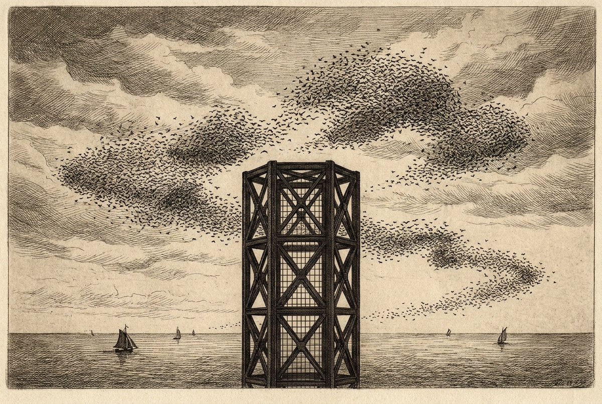 The murmuration against the monolith.