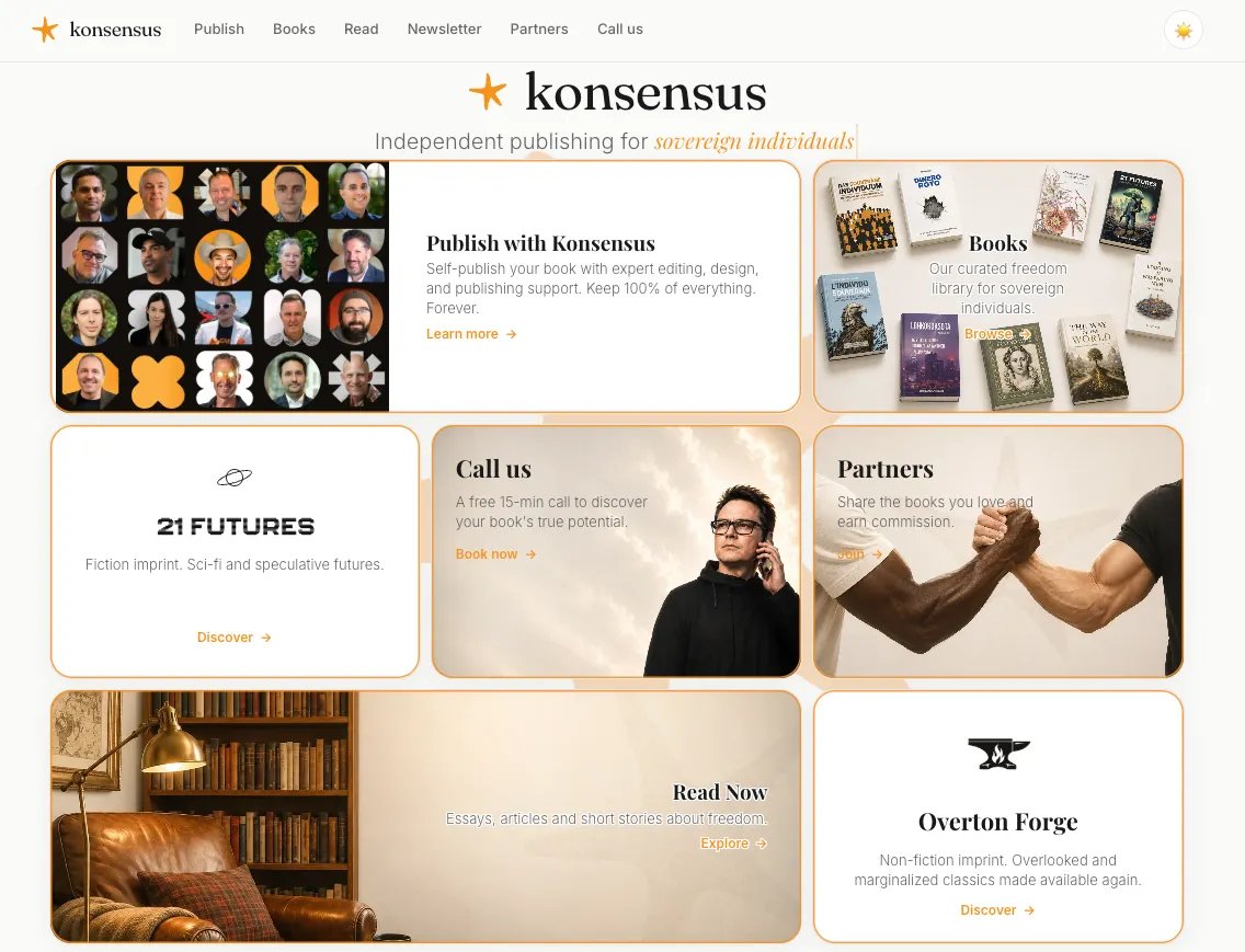 Screenshot of the new konsensus.net lander. Has cards for Publish, Books, Imprints, Call us, Partners and Read now.
